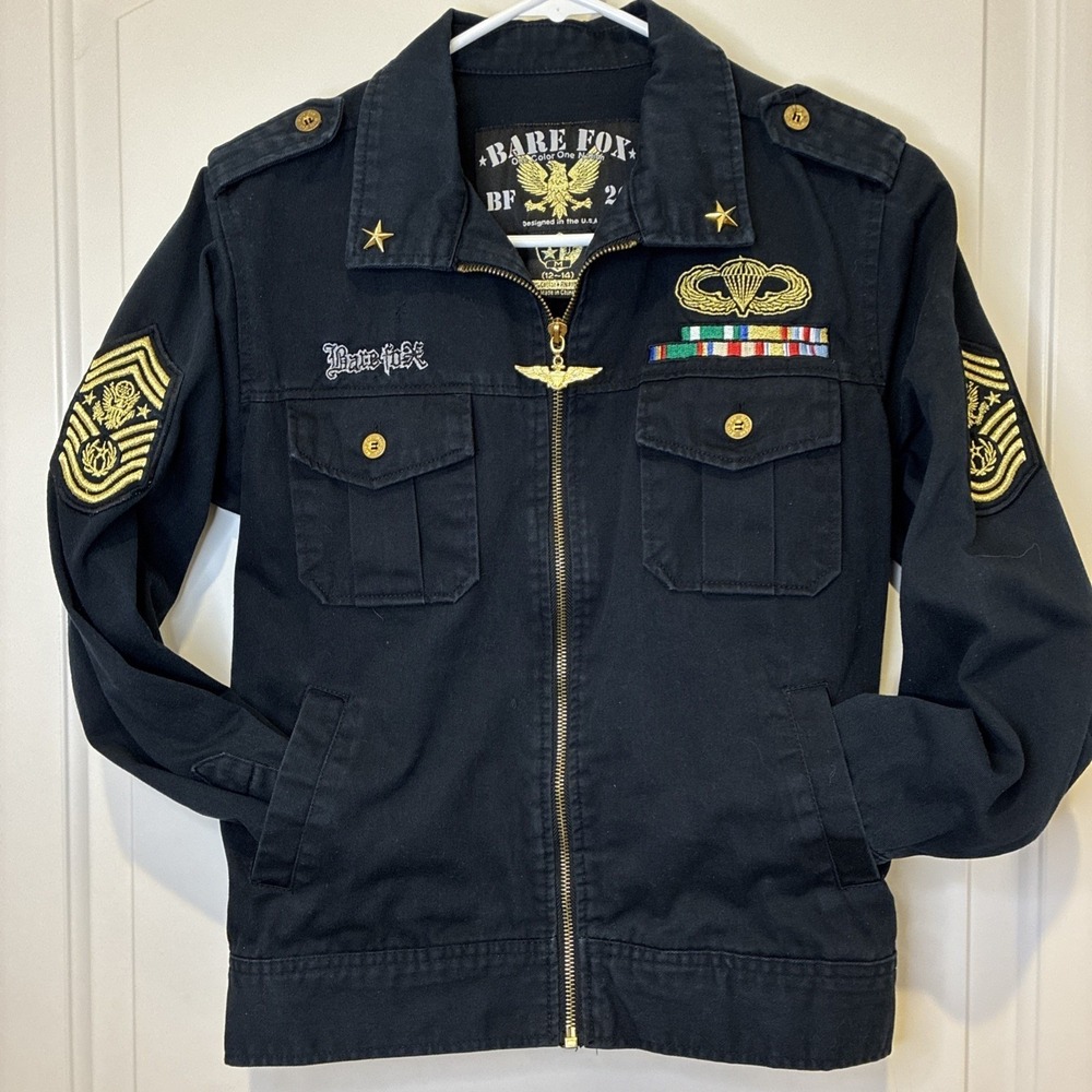 Bare Fox Kids Military Jacket Black Cotton USAF Patches Full Zip Size M 12-14
